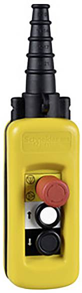 Gelbe Fernbedienung von Schneider Electric mit drei Knöpfen: roter Not-Aus und zwei schwarze Steuerknöpfe, oben ein Kabelanschluss.