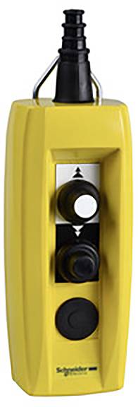 Gelber Handtaster mit zwei schwarzen Druckknöpfen und einem Schlüsselschalter: Steuergerät von Schneider Electric.