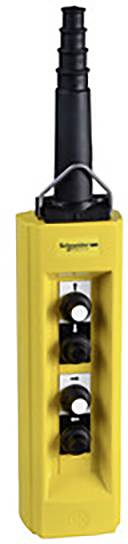 Gelbes Steuergehäuse mit zwei schwarzen Druckknöpfen, die in einer säulenförmigen Vertiefung eingelassen sind. Oberhalb ist eine Aufhängung.