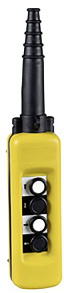 Gelbes, rechteckiges Gerät mit vier schwarzen Knöpfen in einer vertikalen Reihe, schwarzem Griff oben, möglicherweise eine Fernbedienung.