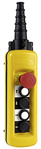 Ein gelbes Steuergerät mit einem roten Not-Aus-Knopf und mehreren schwarzen Tasten.