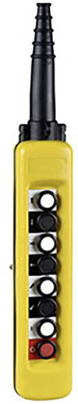 Gelbes Handsteuergerät mit sechs schwarzen Knöpfen und einem roten Knopf unten, verwendet zur Steuerung von Maschinen oder Hebezeugen.