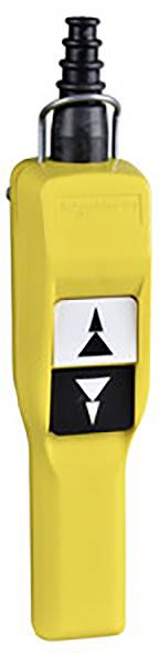 Gelbe Fernbedienung mit zwei Tasten. Obere Taste zeigt nach oben, untere nach unten. Geeignet für Hebevorrichtungen.