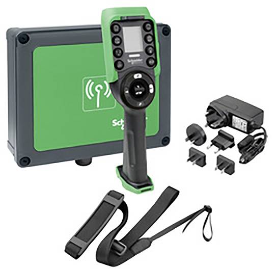 Ein tragbarer Scanner mit Display, Ladegerät und Adapteraufsätzen neben einer grünen Box. Zubehör beinhaltet Trageband. Gerät von Schneider Electric.