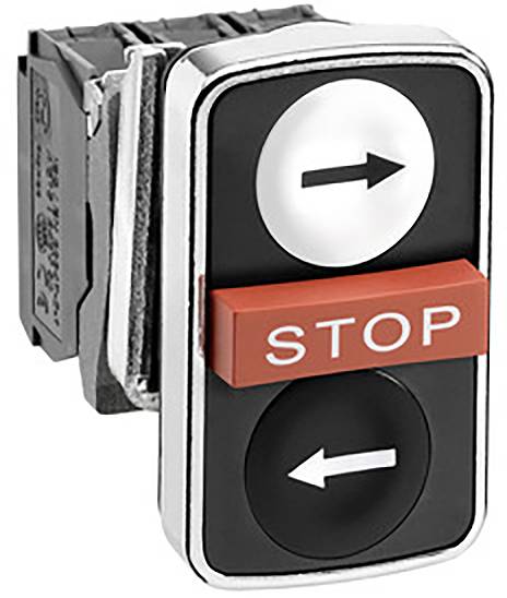 Ein Stopptaster mit einem roten Stoppschalter in der Mitte und zwei Pfeiltasten oben und unten für Vorwärts- und Rückwärtsbewegung.