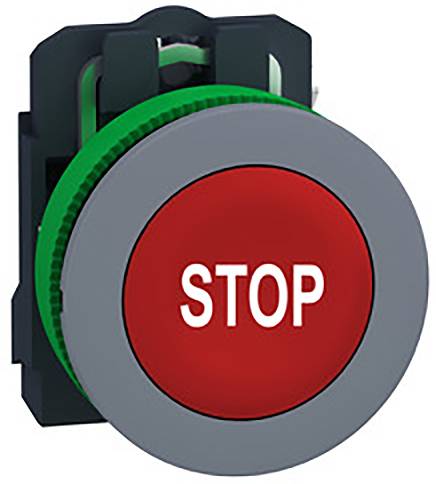 Roter Stopp-Knopf mit der Aufschrift 'STOP', umgeben von einem grauen Ring.