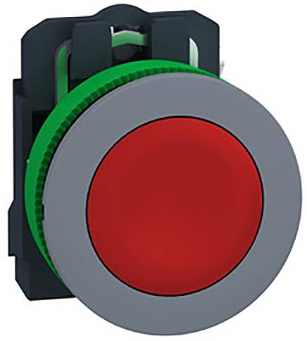 Ein großer roter Knopf auf einem dunklen Hintergrund, verwendet als Notschalter in technischen oder industriellen Umgebungen.
