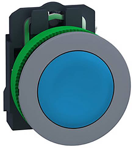 Ein großer runder blauer Knopf auf einer schwarzen Halterung mit grüner Umrandung. Geeignet für Kontroll- oder Schaltpulte.