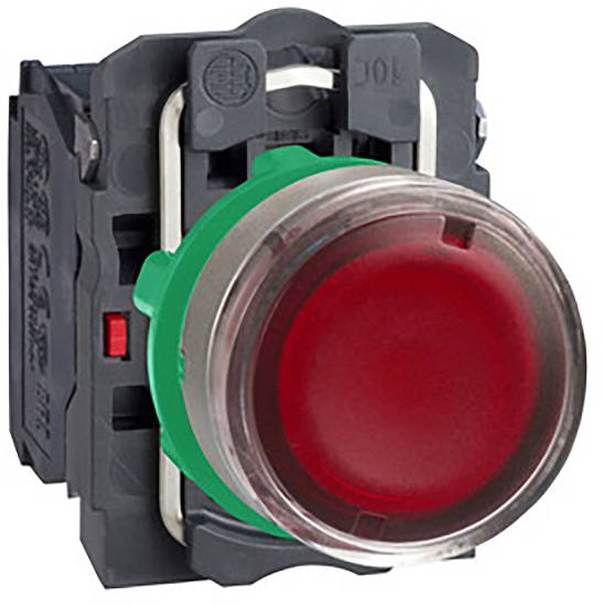 Ein roter runder Druckknopf in einem schwarzen Gehäuse, geeignet für den industriellen Gebrauch.