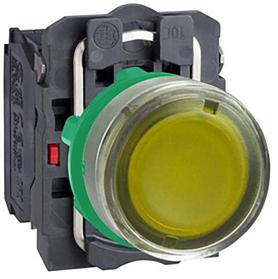 Grüner Drucktaster mit gelber Oberfläche, seitlicher Ansicht, montiert auf schwarzem Sockel.