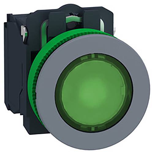 Grüner Knopf in einem schwarzen Gehäuse, häufig verwendet als Start- oder Einschalttaster in elektrischen Steuerungssystemen.