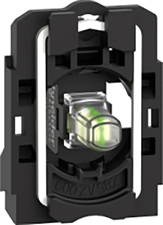 Schwarzer Kunststoffrahmen mit einem grünen, leuchtenden LED-Schalter in der Mitte. Geeignet für industrielle Anwendungen.