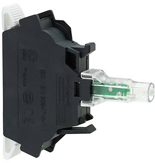 Elektrischer Schalter in seitlicher Ansicht. Schwarzes Gehäuse mit grünen und durchsichtigen Komponenten. Markierungen zeigen Zertifizierungen.