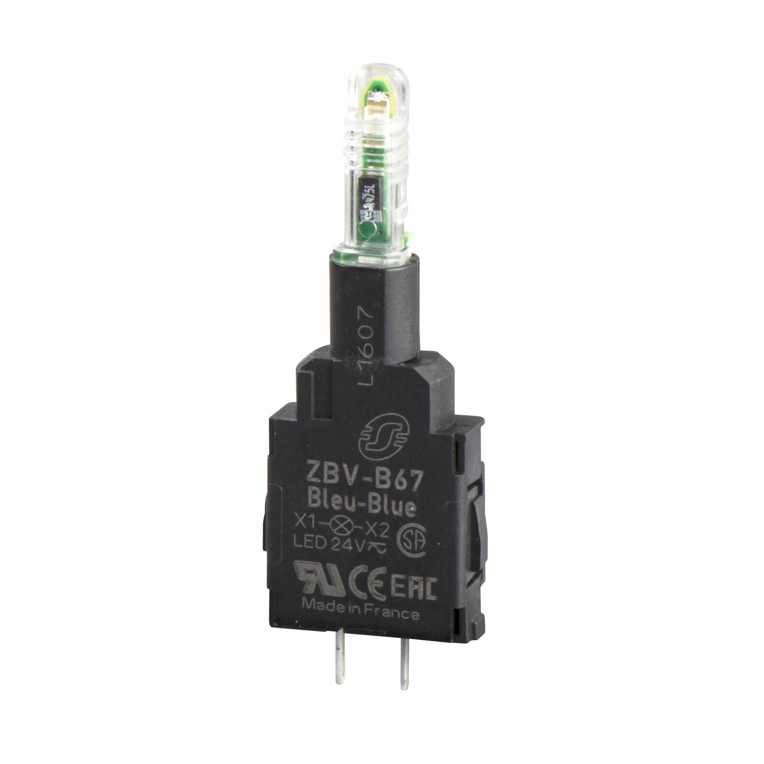 Ein blauer LED-Indikator in einem schwarzen Gehäuse, Modell 'ZBV-B67', hergestellt in Frankreich für industrielle Anwendungen.