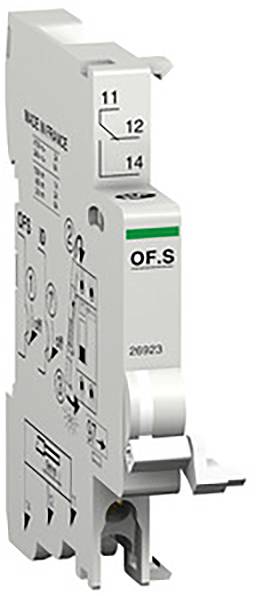 Ein grauer elektrischer Schalterbaustein mit grünem Streifen oben, Beschriftungen 'OF.S', '11', '12', '14', und Produktionscode '2023'.