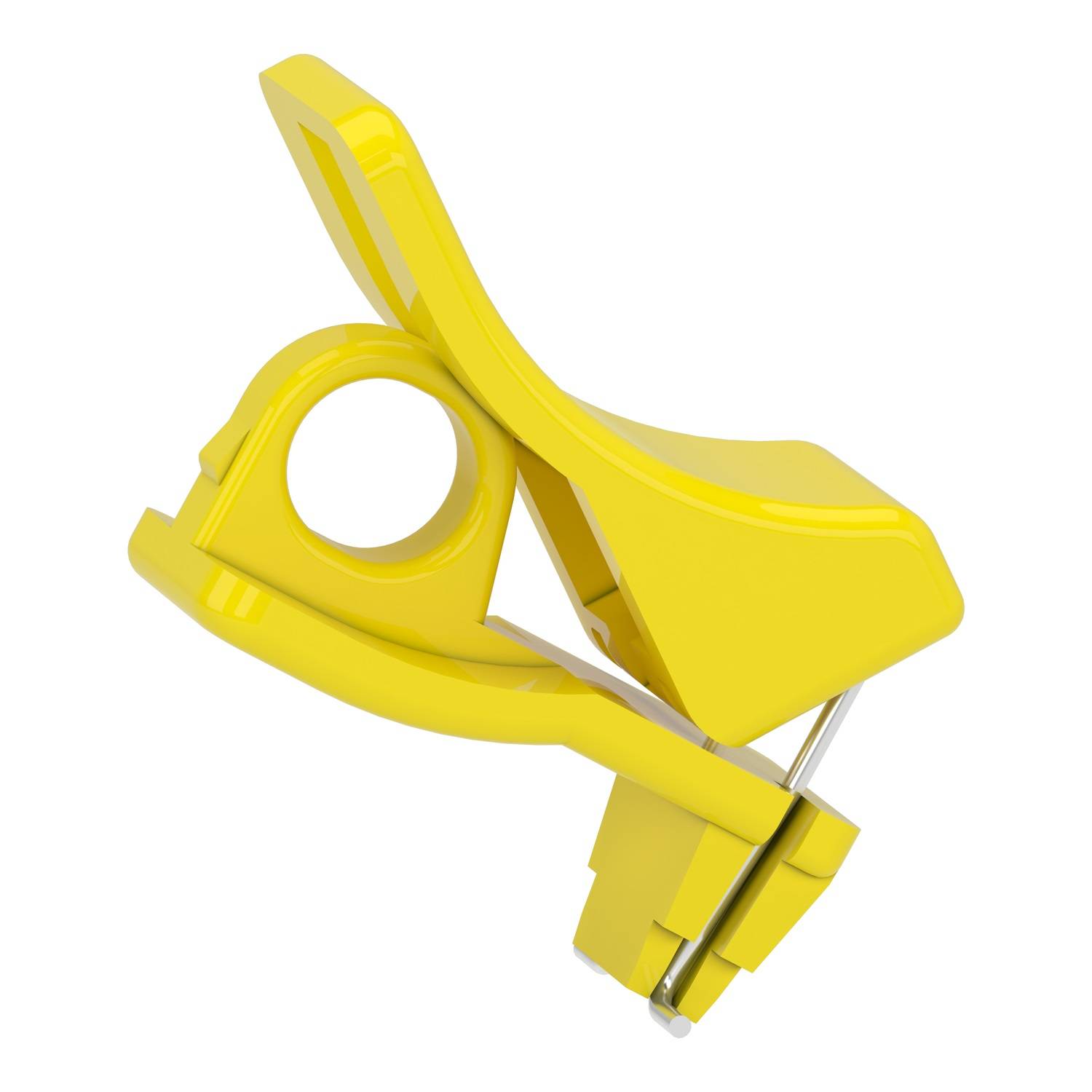 Ein gelber Kunststoffclip mit ergonomischem Design, geeignet zum Halten von Papieren oder ähnlichen Objekten.