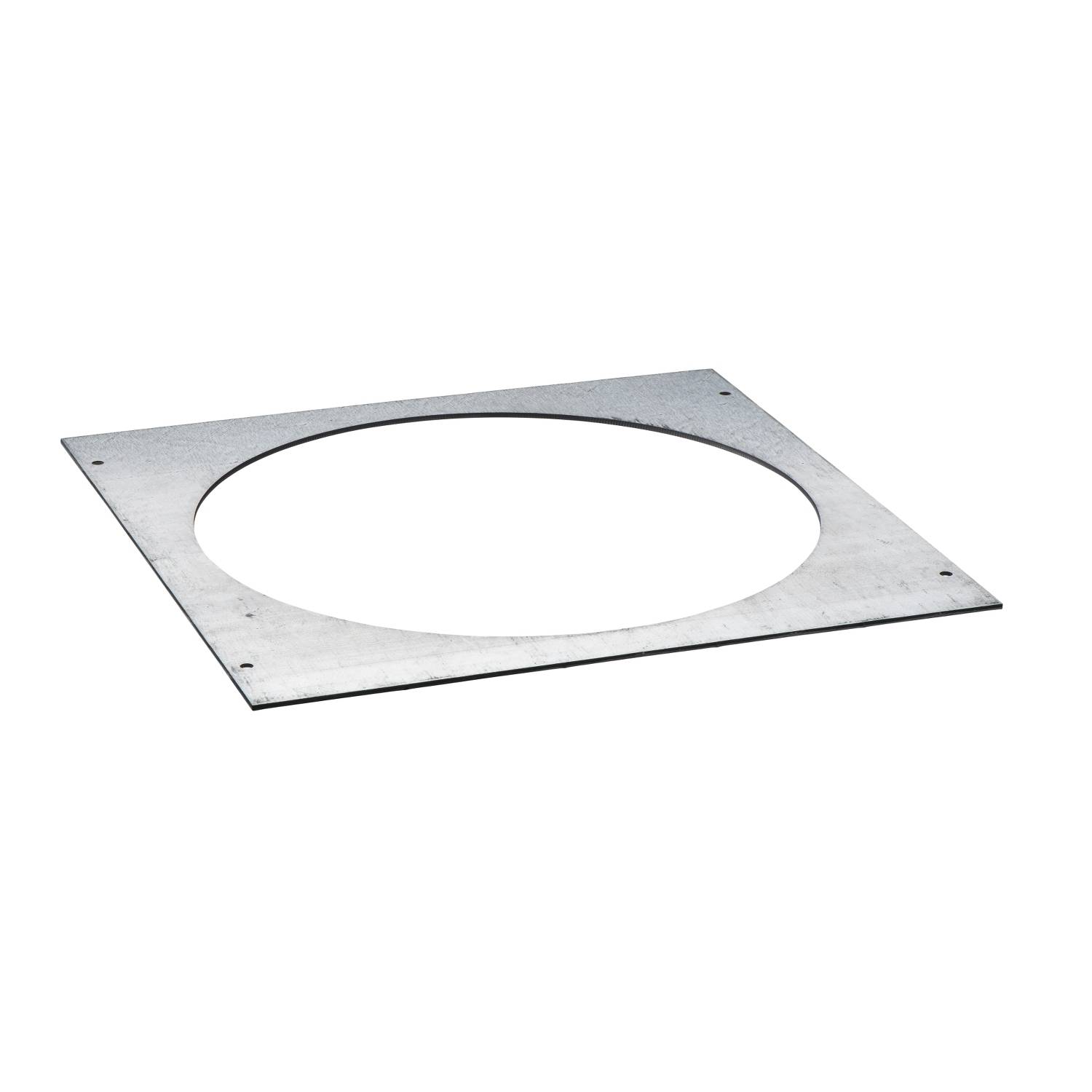 Metallplatte mit quadratischem Außenrand und rundem, zentralem Ausschnitt. Möglicherweise Teil einer mechanischen oder baulichen Anwendung.