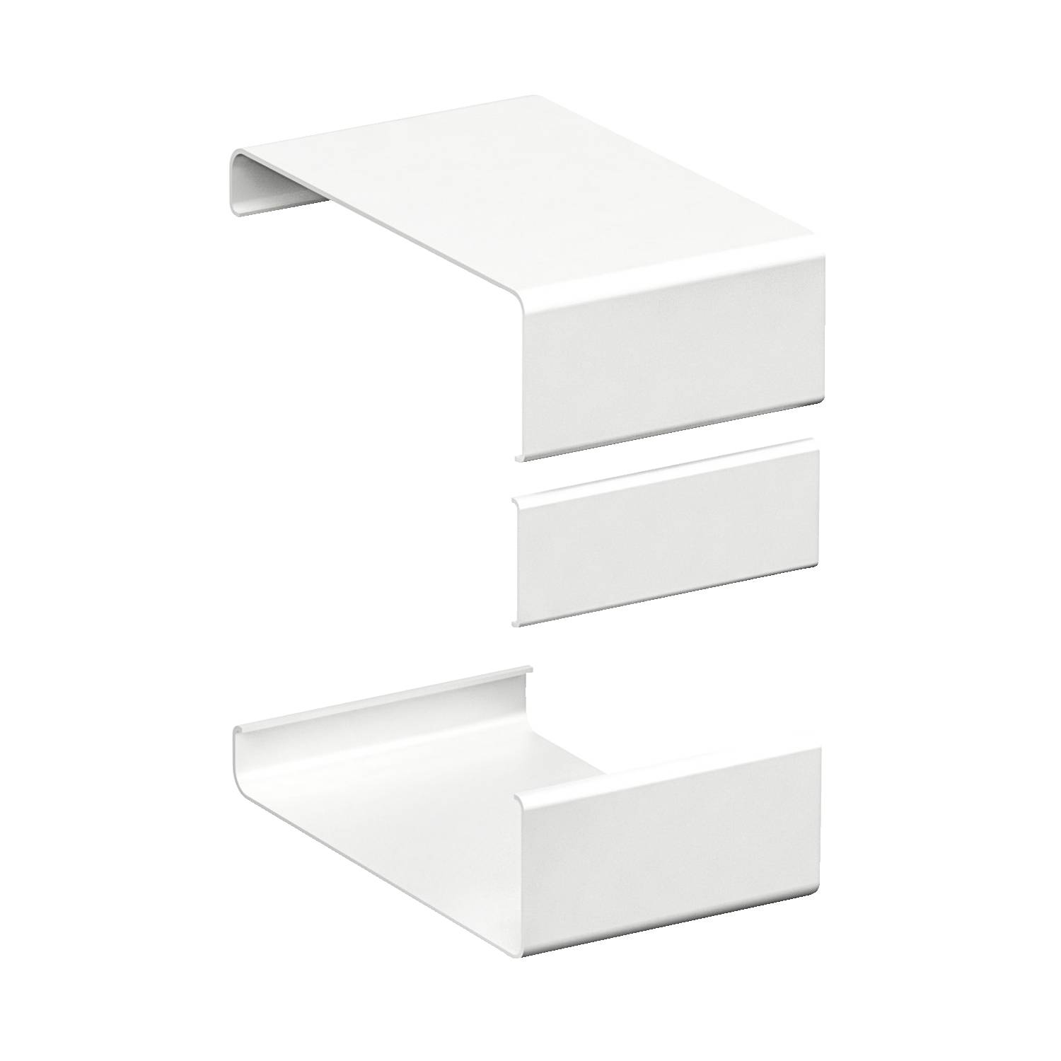 Ein weißer Kabelkanal aus Kunststoff in einer gebogenen, U-förmigen Form, um Kabel zu verbergen und zu organisieren.