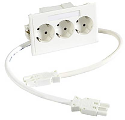 Weiße Steckdosenleiste mit drei runden Steckplätzen und einem Kabel mit zweipoligem Stecker.