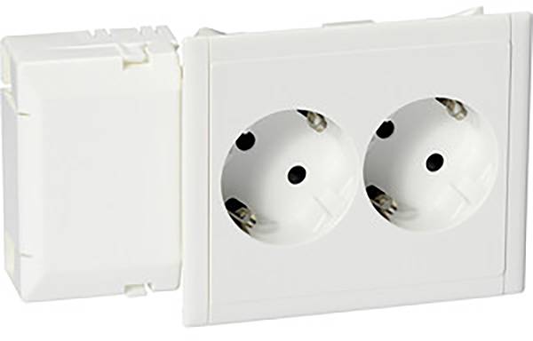 Weiße Doppelsteckdose mit zwei runden Steckplätzen, geeignet für europäische Stecker, zur Wandmontage.