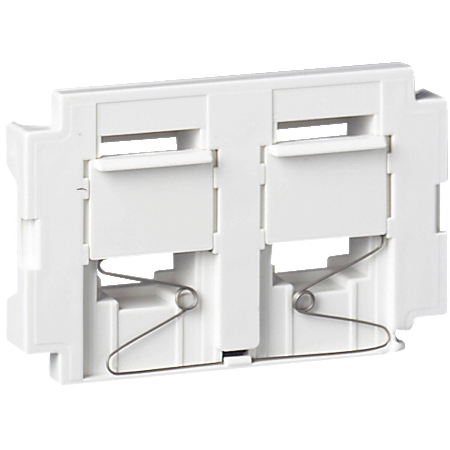 Ein weißer, rechteckiger Adapter mit zwei Schlitzen, die durch Metallklammern gesichert sind. Geeignet für Steckverbindungen.
