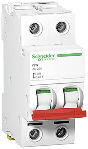 Ein weißer Leistungsschalter der Marke Schneider Electric mit zwei Schaltern und einem roten Hebel. Beschriftung: 'iSW AC-22A'.