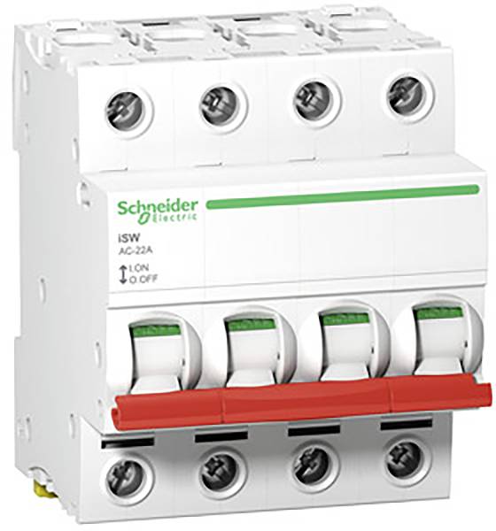 Ein vierpoliger Leistungsschalter von Schneider Electric mit weißem Gehäuse und grüner Beschriftung, zeigt die Schaltpositionen I und O.