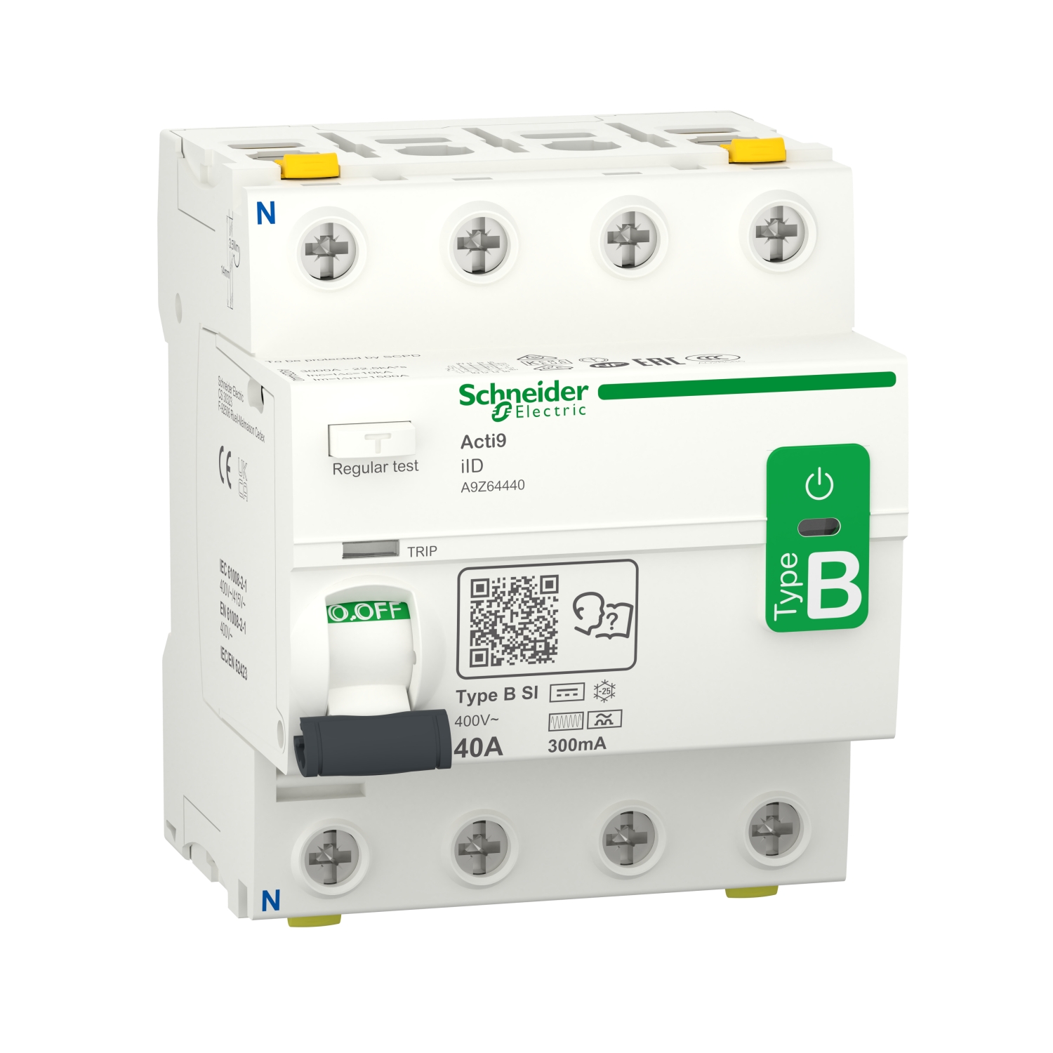 Ein zweipoliger Fehlerstromschutzschalter der Marke Schneider Electric, Typ B, mit 40A und 300mA Nennwerten für elektrische Sicherheit.