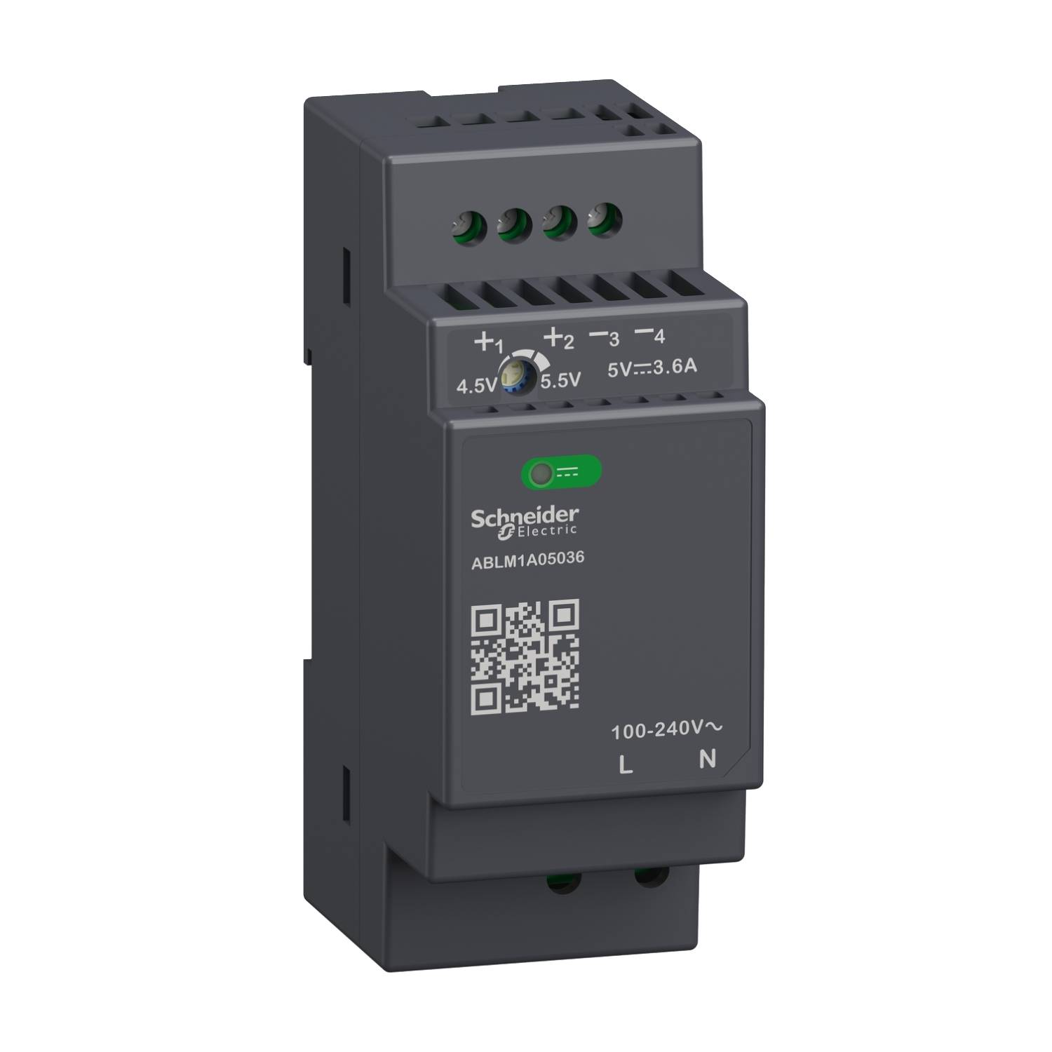Industrienetzteil der Marke Schneider Electric, Modellnummer ABLM1A06036, für Hutschienenmontage. Es hat ein schwarzes Gehäuse.