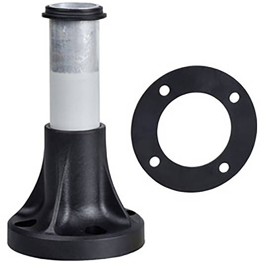 Eine schwarze Kunststoffbasis mit einem metallischen Rohr und einer schwarzen runden Dichtung mit vier Löchern daneben.