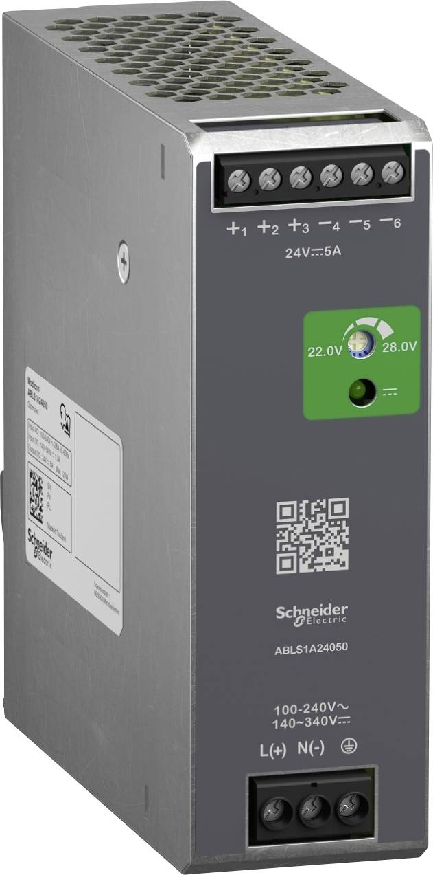 Ein silbernes Netzteil von Schneider Electric. Beschriftungen zeigen Eingangsspannung von 100–240V und Ausgangsspannung von 24V bei 5A.