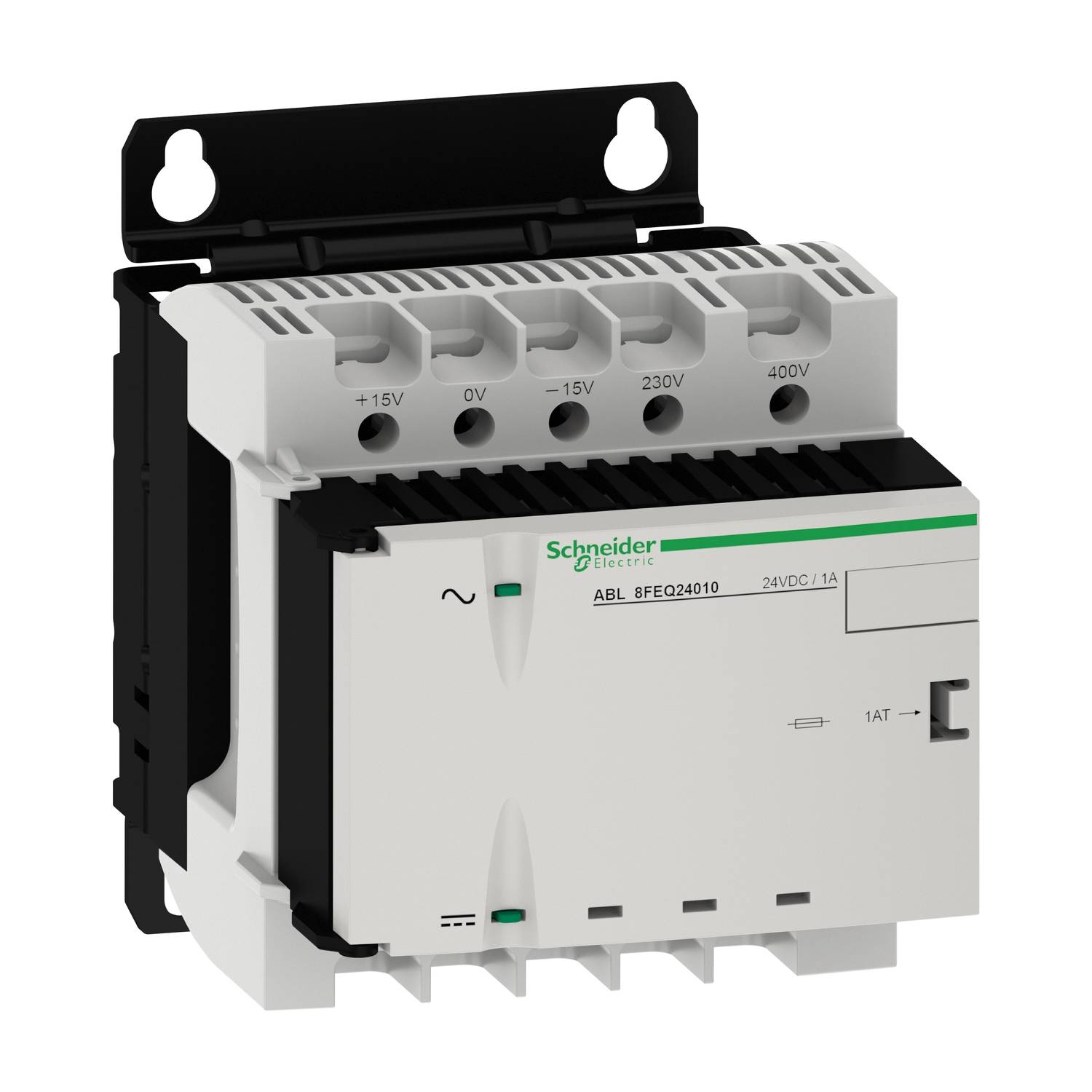 Ein elektrisches Modul von Schneider Electric mit vier Spannungen: +15V, -15V, 230V und 400V. Es hat die Modellnummer ABL8FEQ24010.
