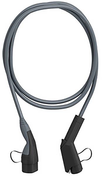 Ein graues Kabel mit zwei Steckverbindern an den Enden, die durch ihre Abdeckungen geschützt sind.