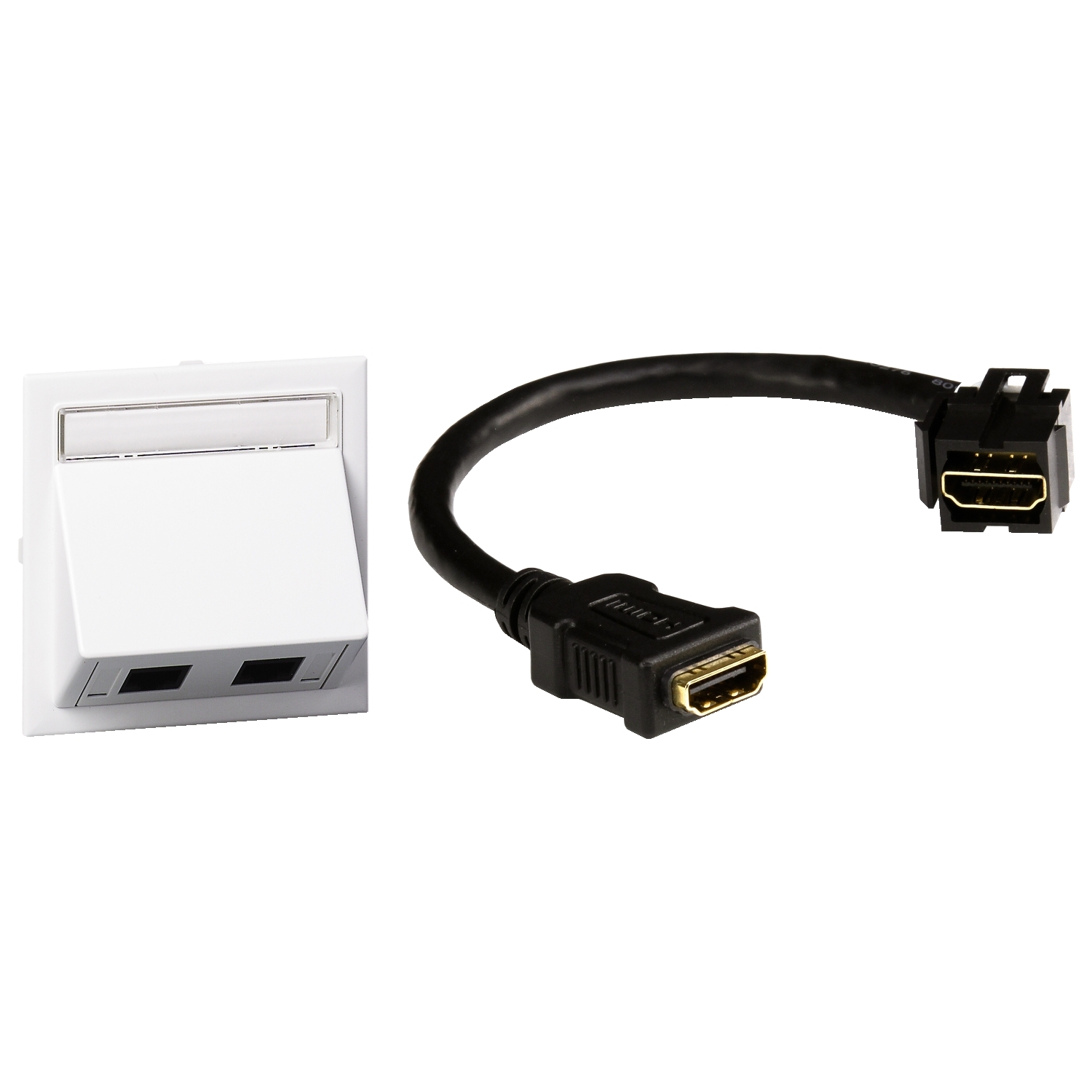 Steckdose mit zwei Ethernet-Anschlüssen links und ein HDMI-Kabelstück rechts.