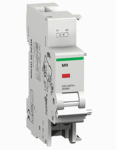 Ein weißer elektrischer Schutzschalter mit grüner und roter Markierung. Beschriftet mit 'MN' und den Werten '220-240V~ 50/60Hz'.