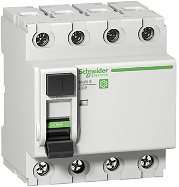 Ein vierpoliger FI-Schutzschalter von Schneider Electric, Modell Multi 9 GFP, mit grünem Ein/Aus-Schalter, grau-weiße Schalteroberfläche.