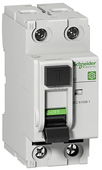 Ein zweipoliger Schutzschalter von Schneider Electric mit 'T' Schalter und grünem 'OFF' Indikator, geeignet für elektrische Sicherungssysteme.