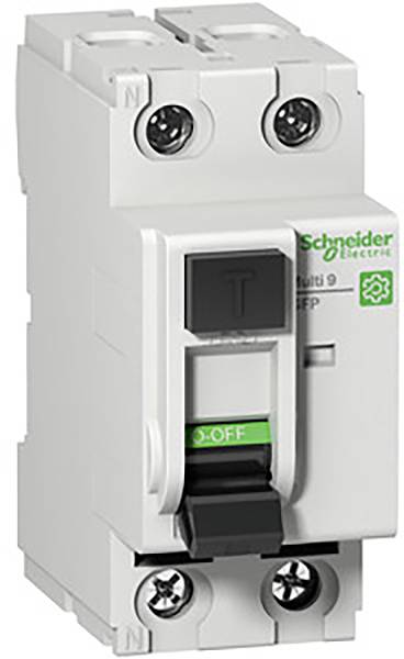 Ein weißer Leistungsschutzschalter der Marke Schneider Electric, Modell Multi 9. Er verfügt über einen Hebel mit den Positionen '0-OFF' und '1-ON'.