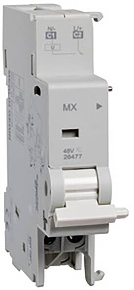Ein automatischer Leistungsschalter in Weiß mit einem Hebel, der 'MX' zeigt und für elektrische Schalttafeln oder Verteilerkästen verwendet wird.