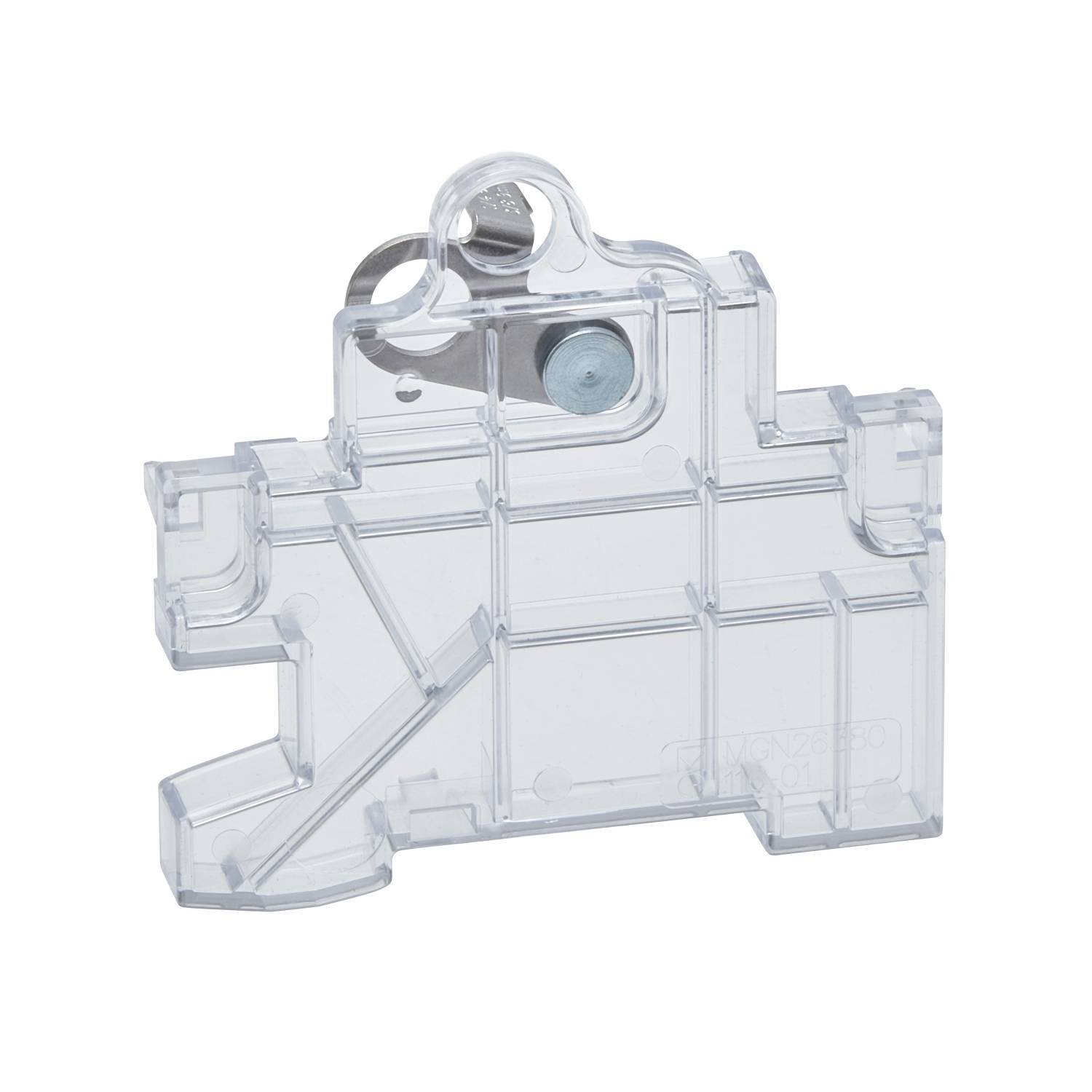 Kunststoffklemme, transparent, rechteckig, mit einstellbarer Klemmvorrichtung oben. Verwendet zur Halterung von Materialien oder Werkzeugen.