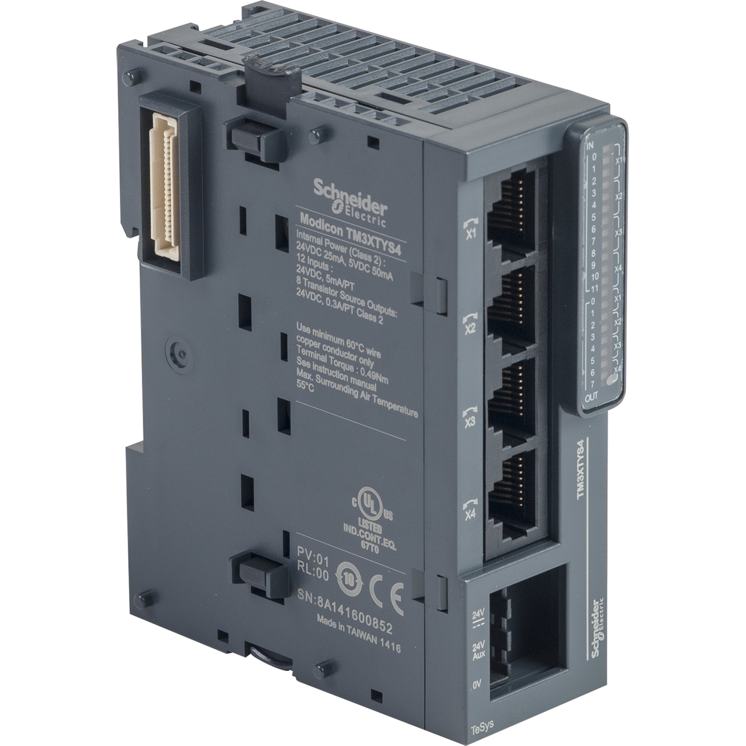 Ein schwarzes elektronisches Modul von Schneider Electric mit mehreren Ethernet-Anschlüssen und einem weißen Stecker oben links.