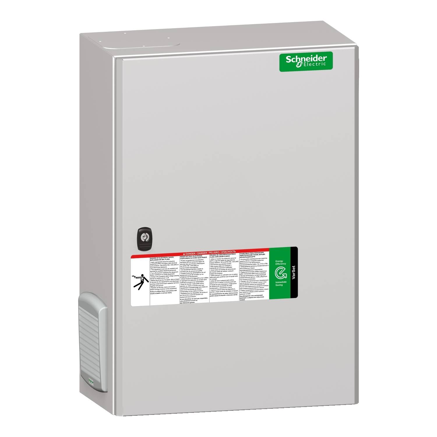 Ein grauer Schaltschrank von Schneider Electric mit Warnaufklebern und einem Verriegelungsmechanismus an der Vorderseite.