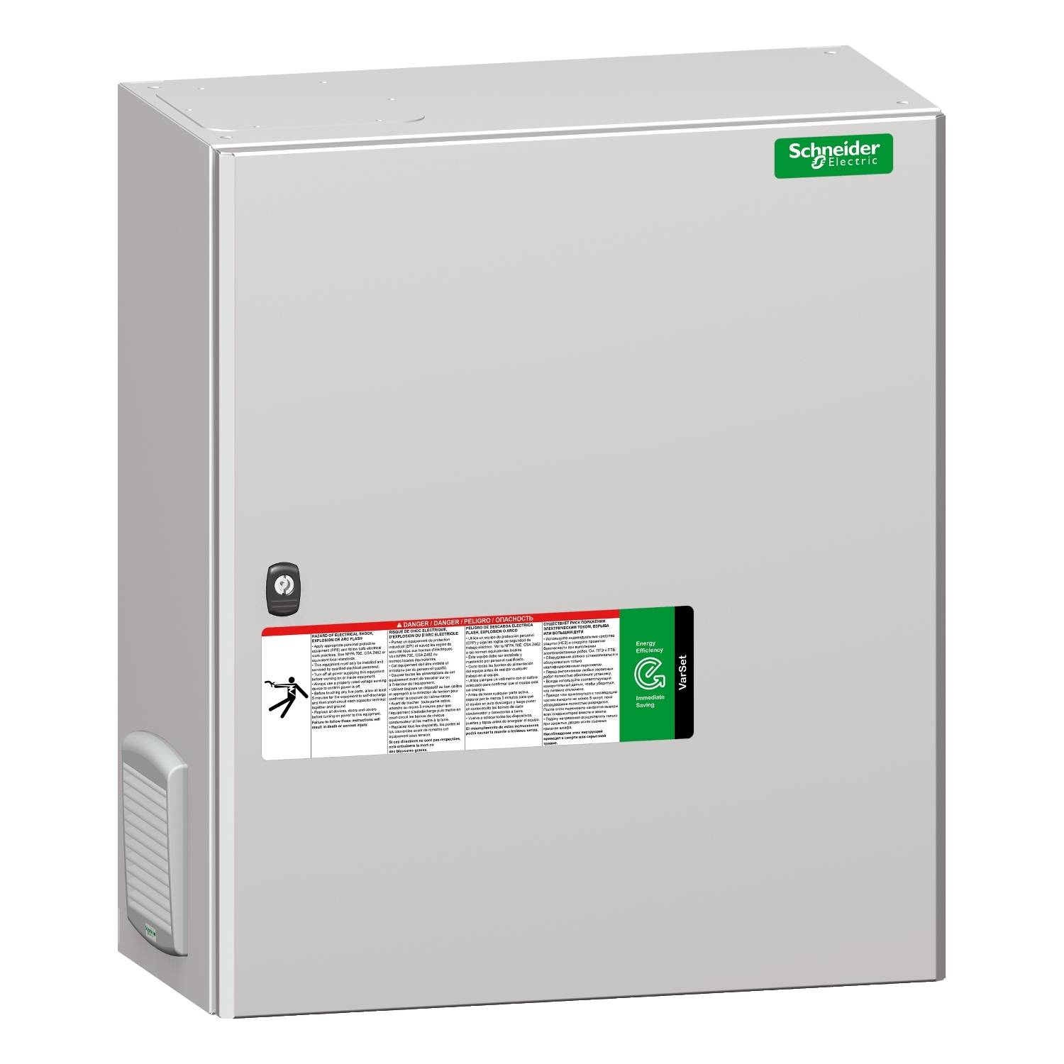 Ein rechteckiger Schaltschrank mit einem grünen 'Schneider Electric' Logo oben rechts und einer Sicherheitsanweisung in der Mitte.
