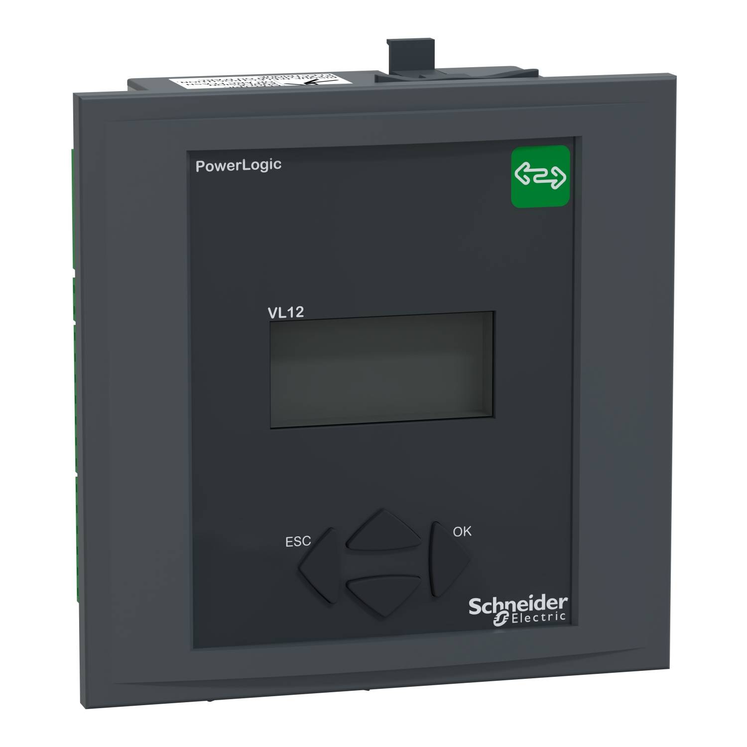 Ein schwarzer PowerLogic VL12-Monitor von Schneider Electric. Zeigt minimalistische Bedienelemente und ein kleines Display auf der Vorderseite.