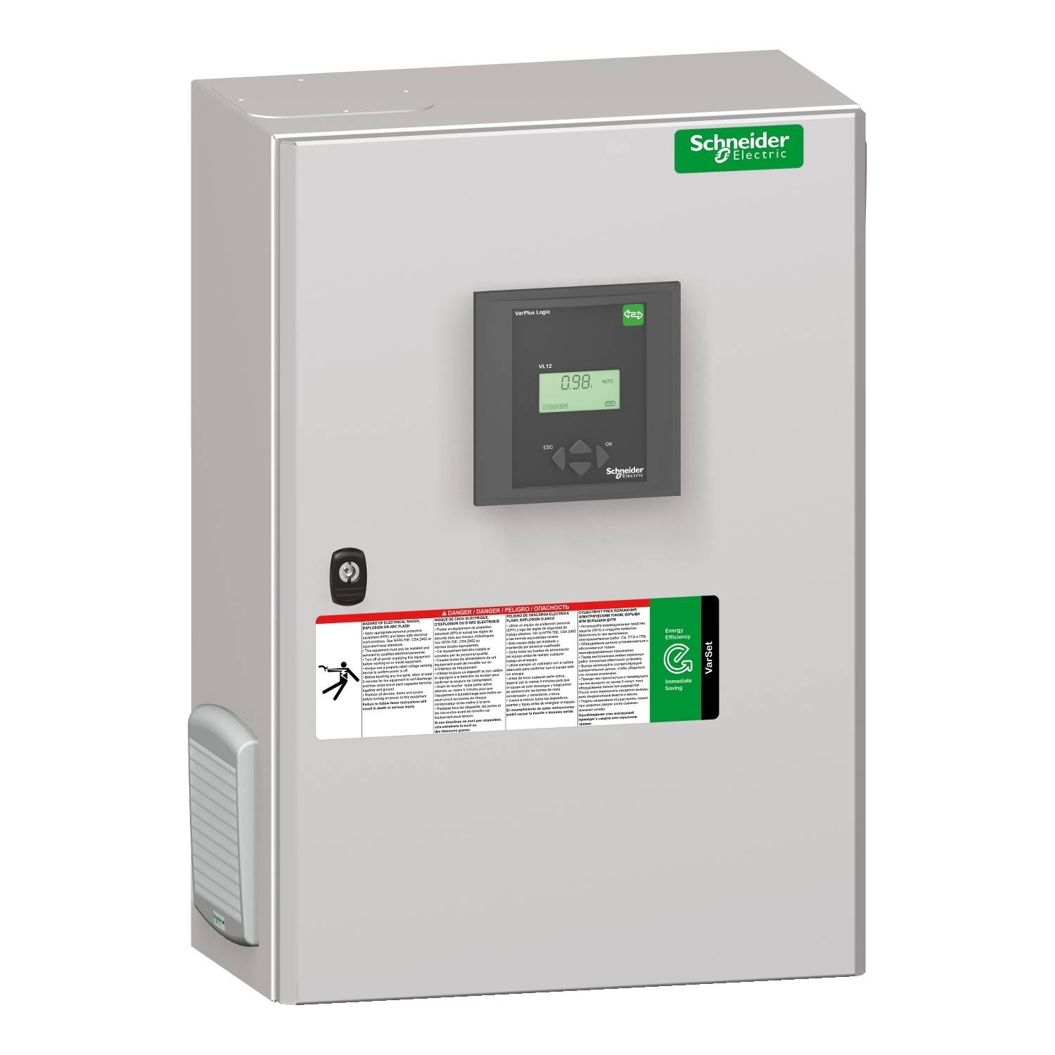 Ein grauer Schaltschrank mit einem digitalen Display in der Mitte und dem Logo von Schneider Electric oben rechts.