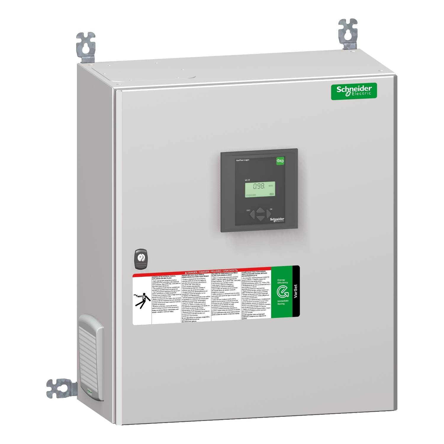 Elektrizitätssteuerungseinheit an der Wand montiert, mit digitalem Display, grünes Logo oben rechts und Warnaufkleber unten links.