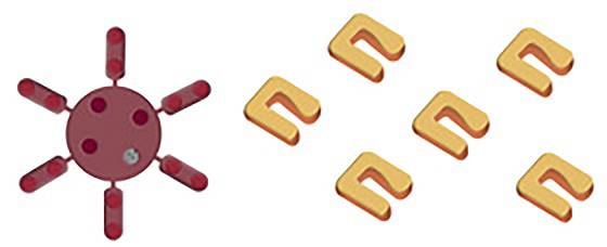 Runde rote Form mit sechs Ausstülpungen links. Sechs separate L-förmige orange Objekte rechts. Szenerie ähnelt abstraktem Design.