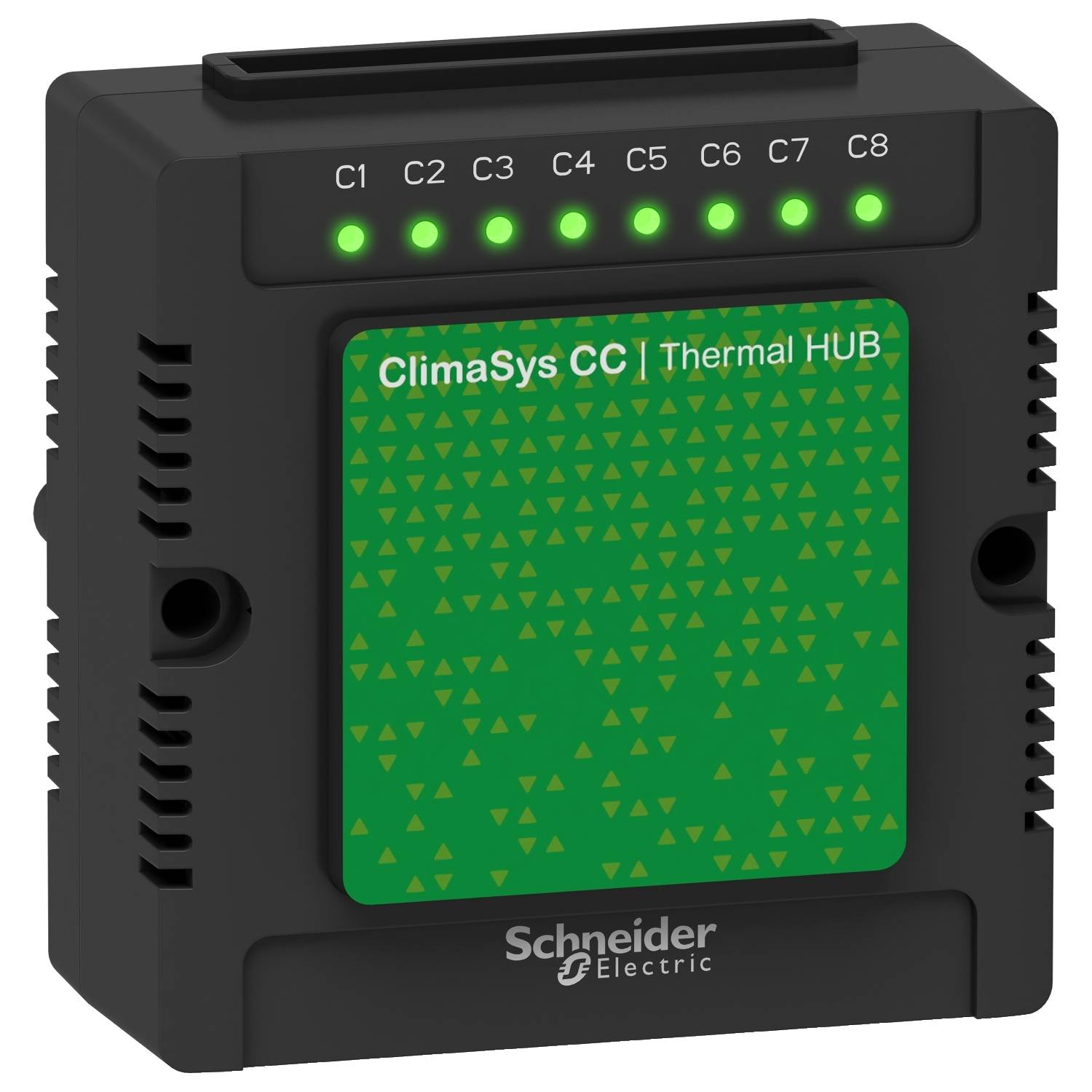 Ein schwarzes elektronisches Gerät von Schneider Electric für Klimasysteme, Modell 'ClimaSys CC | Thermal HUB', mit acht grünen LED-Anzeigen.