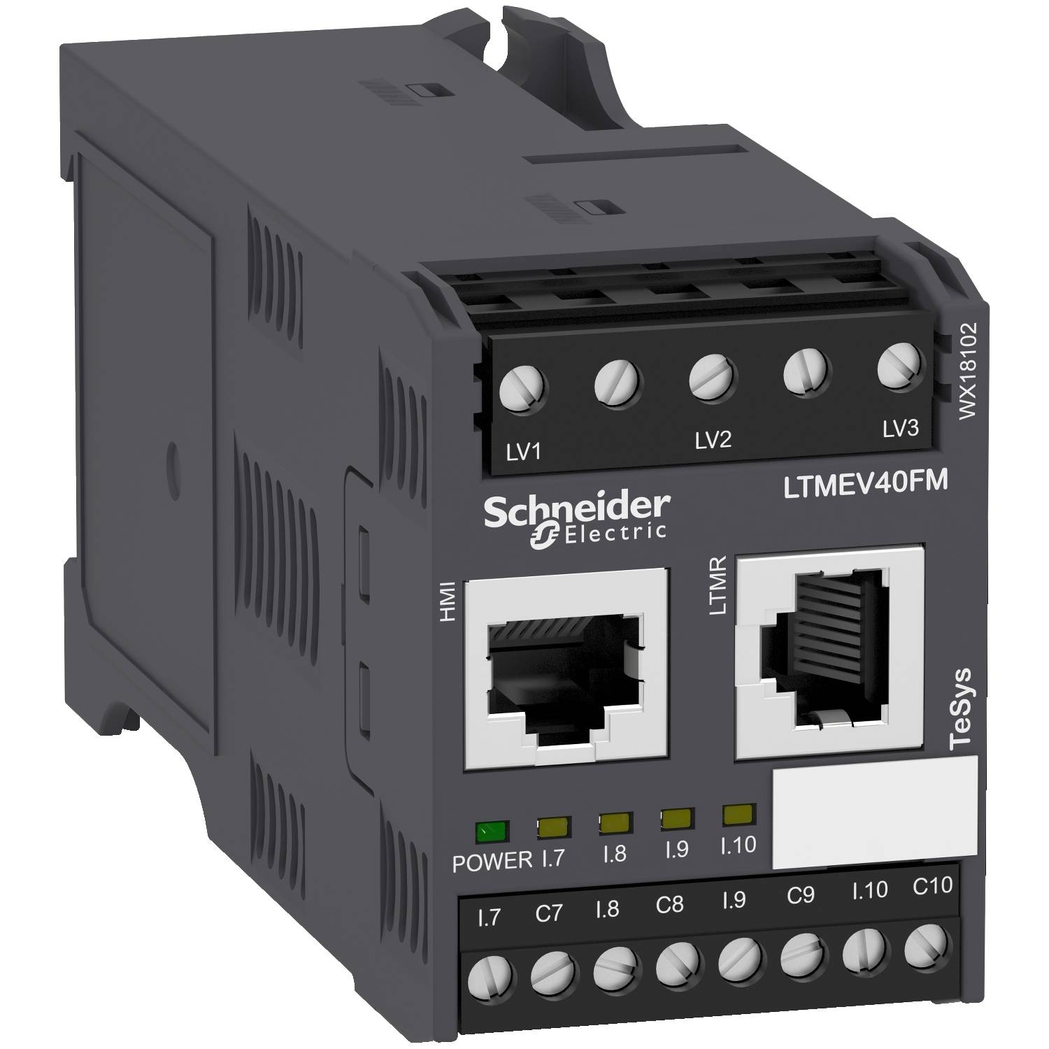 'Schneider Electric' TeSys Motor Management Module, Modellnummer LTMEV40FM, mit zwei Ethernet-Ports und LED-Anzeigen.
