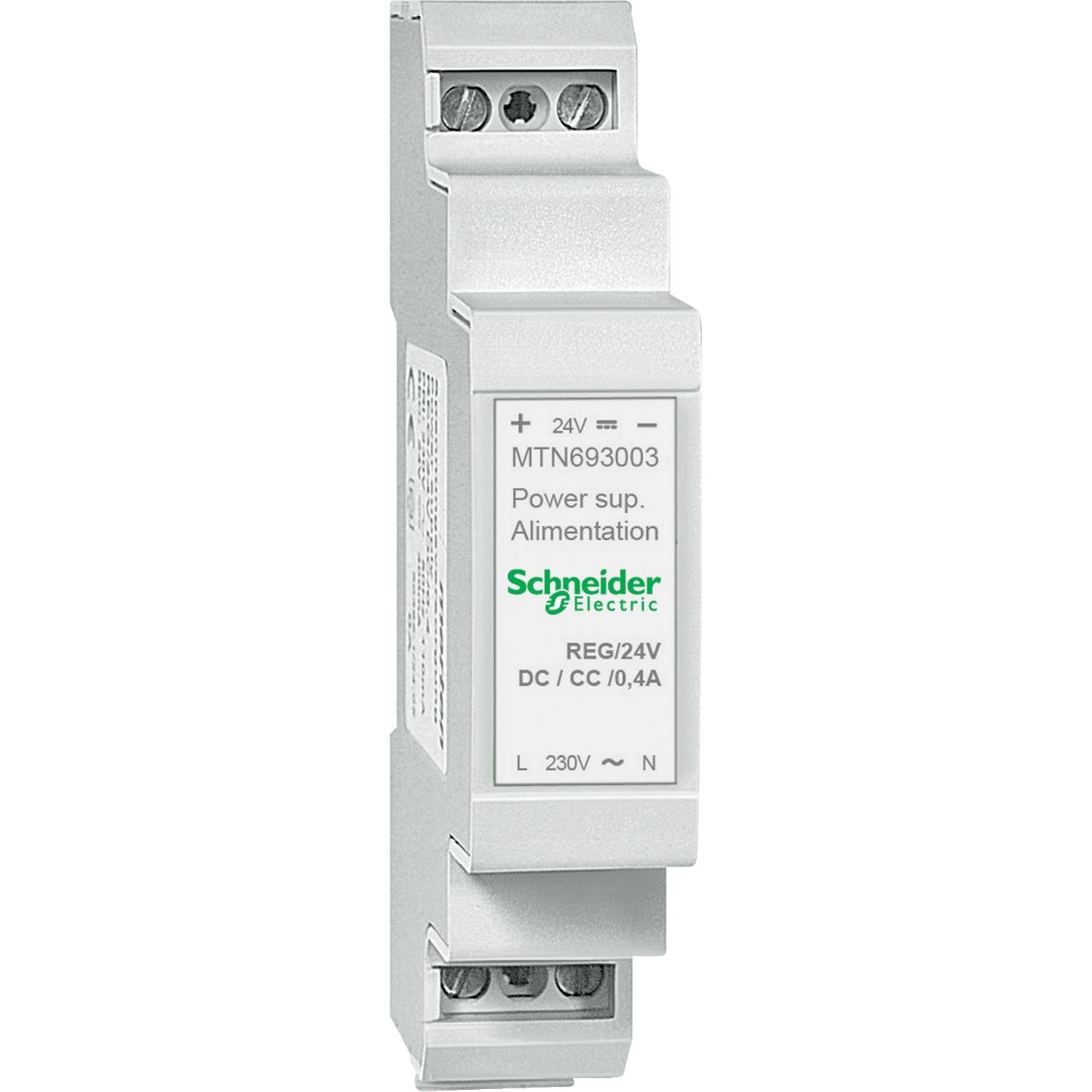 Ein elektrisches Modul der Marke Schneider Electric, Modell MTN693003, zur Stromversorgung mit der Aufschrift 'Power sup. Alimentation'.